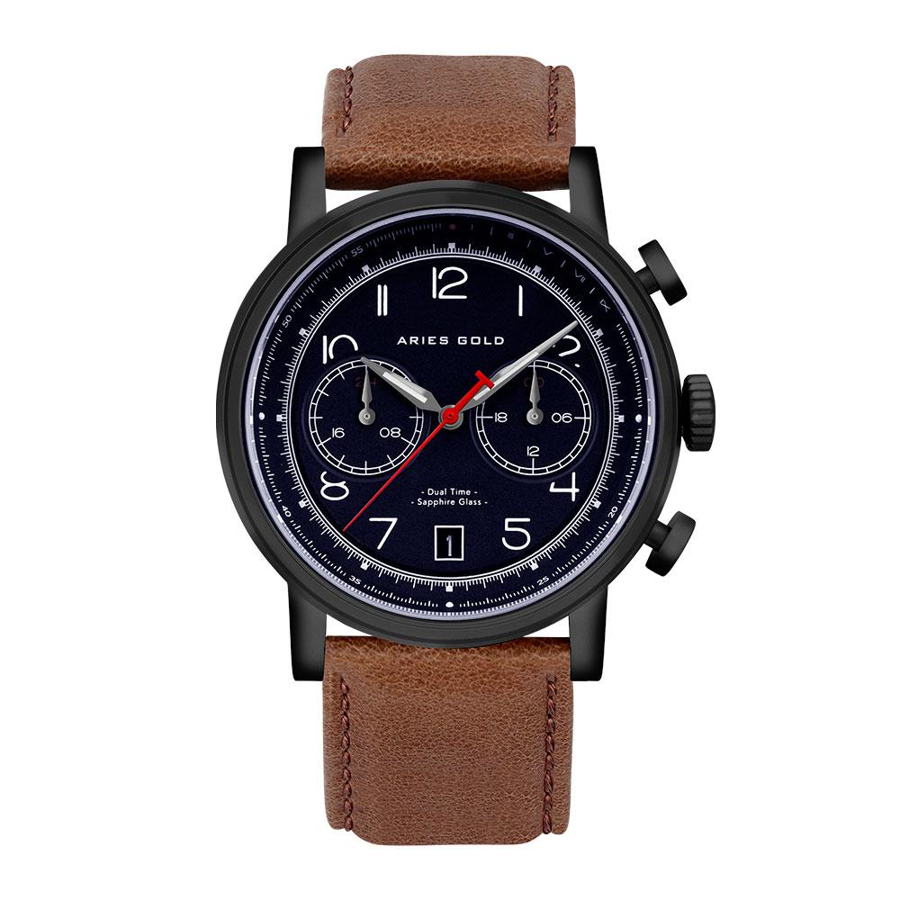 ARIES GOLD URBAN JOURNEY BLACK STAINLESS STEEL G 1025 BK-BU BROWN LEATHER STRAP MEN'S WATCH